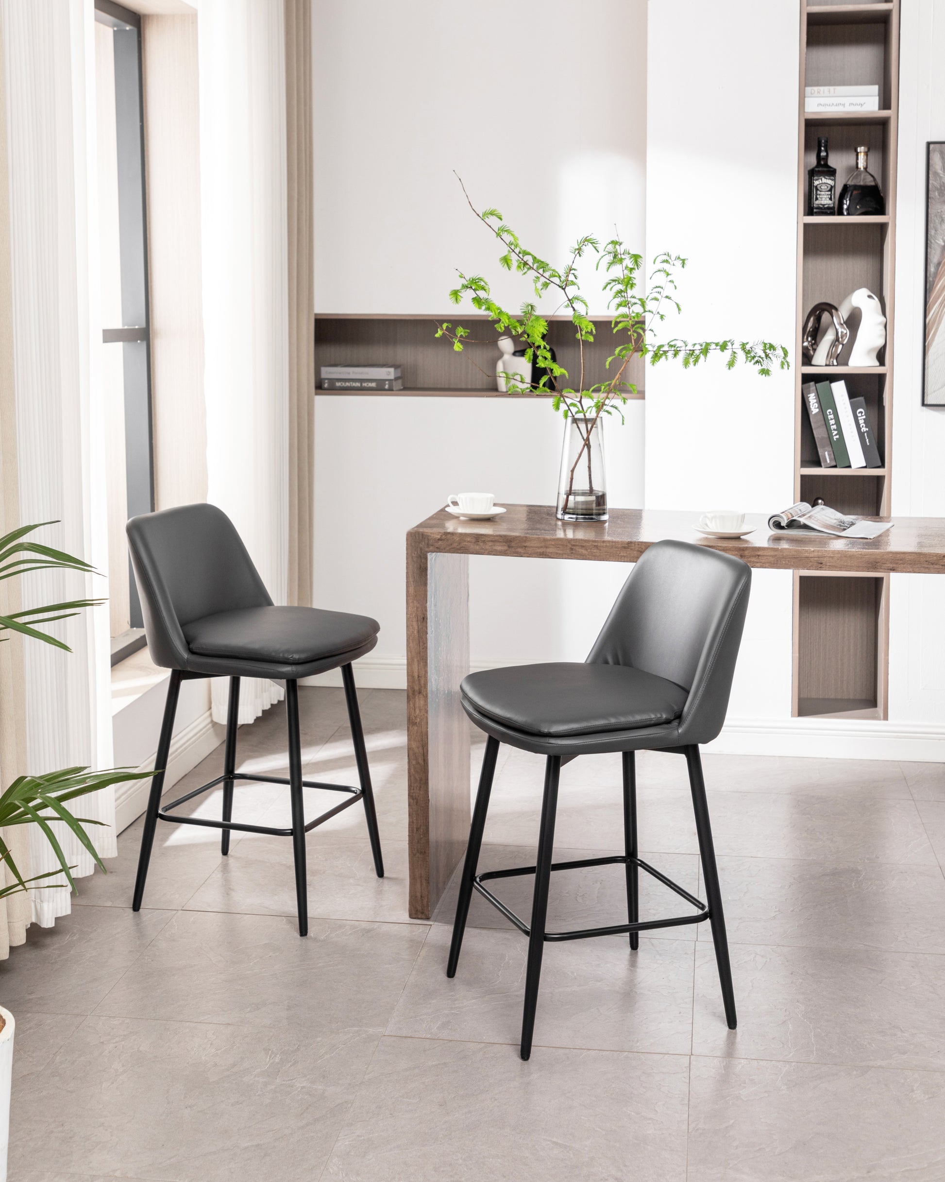 Counter Height Swivel Bar Stools Set Of 2, 360 Swivel Upholstered Barstools With Back And Metal Legs, 25.6" Seat Height,Counter Stools For Kitchen Island And Pub,Faux Leather,Grey Dark Grey Set Of 2 Pu Leather