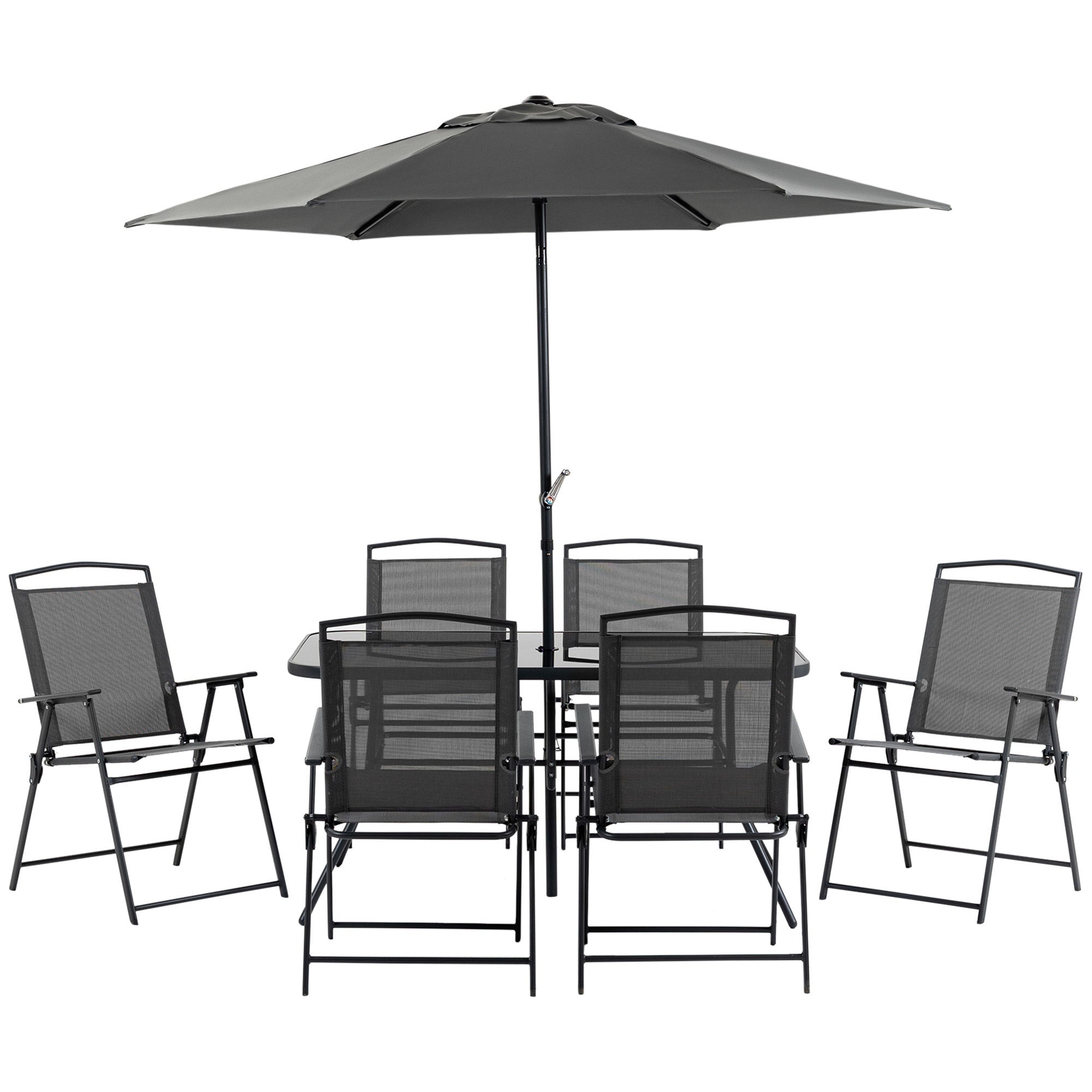 Outsunny 8 Piece Patio Dining Set With Table Umbrella, 6 Folding Chairs And Rectangle Dining Table, Outdoor Patio Furniture Set, Black Black Metal