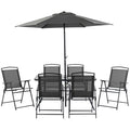 Outsunny 8 Piece Patio Dining Set With Table Umbrella, 6 Folding Chairs And Rectangle Dining Table, Outdoor Patio Furniture Set, Black Black Metal