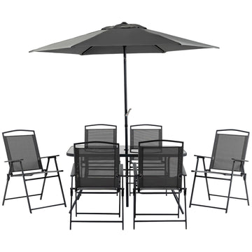 Outsunny 8 Piece Patio Dining Set With Table Umbrella, 6 Folding Chairs And Rectangle Dining Table, Outdoor Patio Furniture Set, Black Black Metal