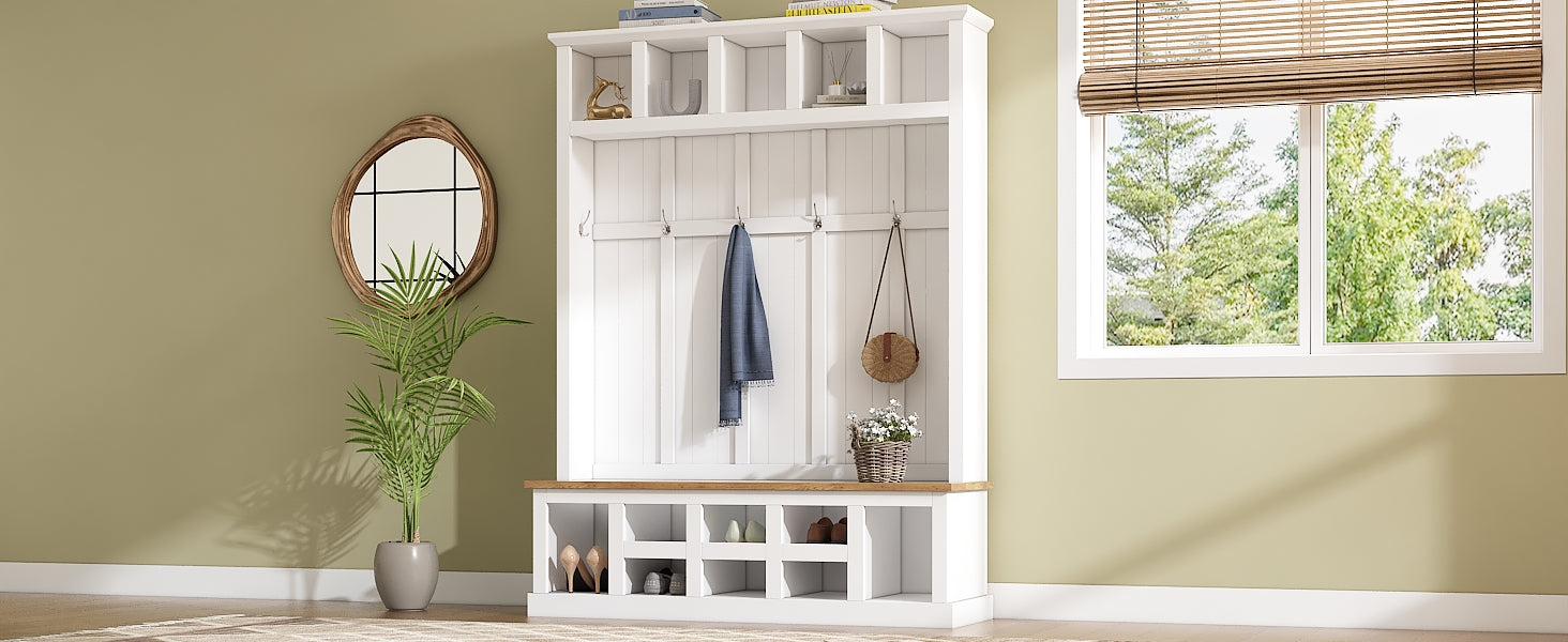 Farmhouse Wooden Style 78''H Modern Hall Tree With Wide Storage Seating Bench, Entryway Shoe Cabinet With 13 Compartments, Elegant Coat Rack With 6 Hooks For Mudroom, Living Room, White White Primary Living Space Particle Board