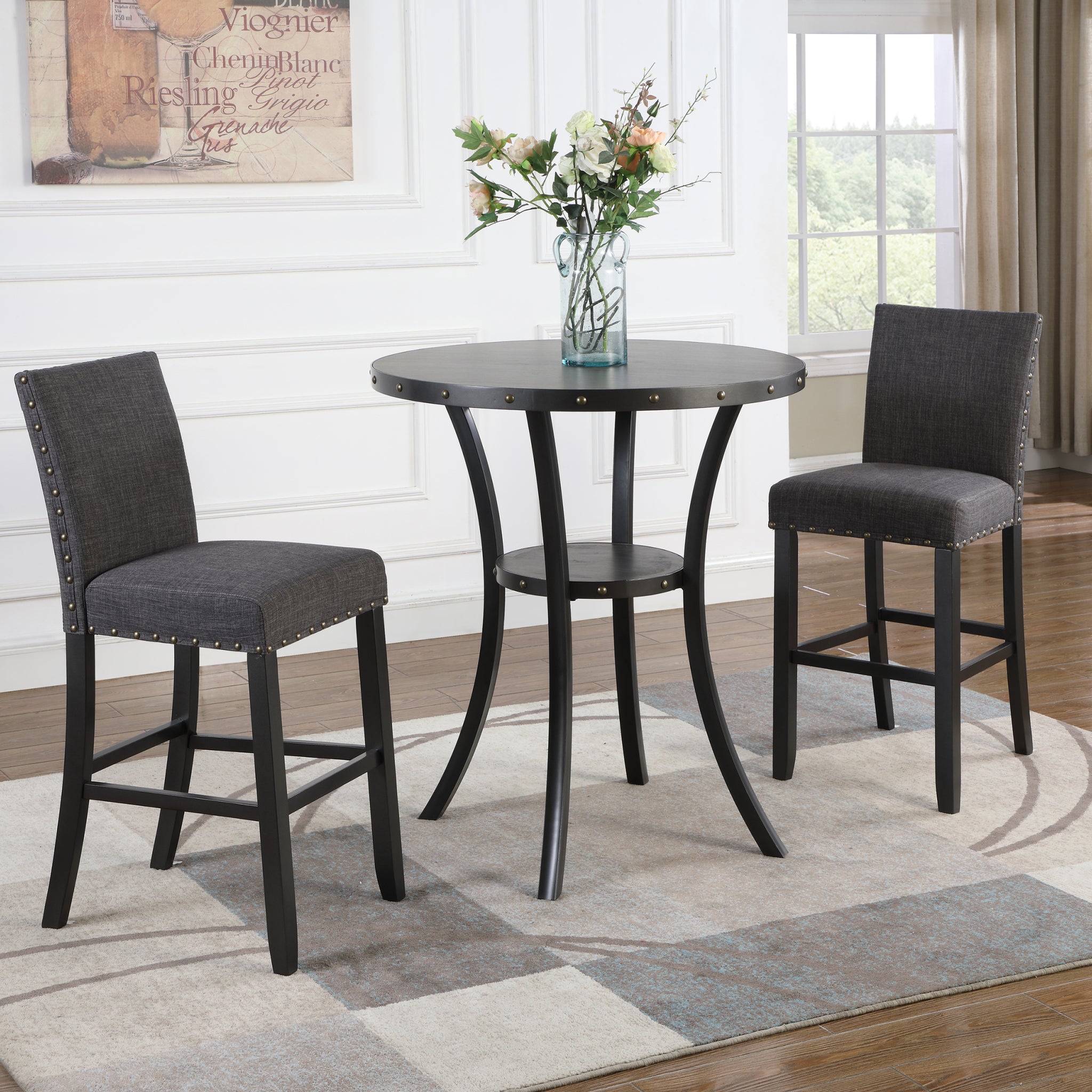 Biony 3 Piece 36" Round Espresso Finish Bar Table With 2 Gray Fabric Nail Head Pub Chairs Wood Brown Seats 2 Metal Round Dining Table With Chair Metal & Wood