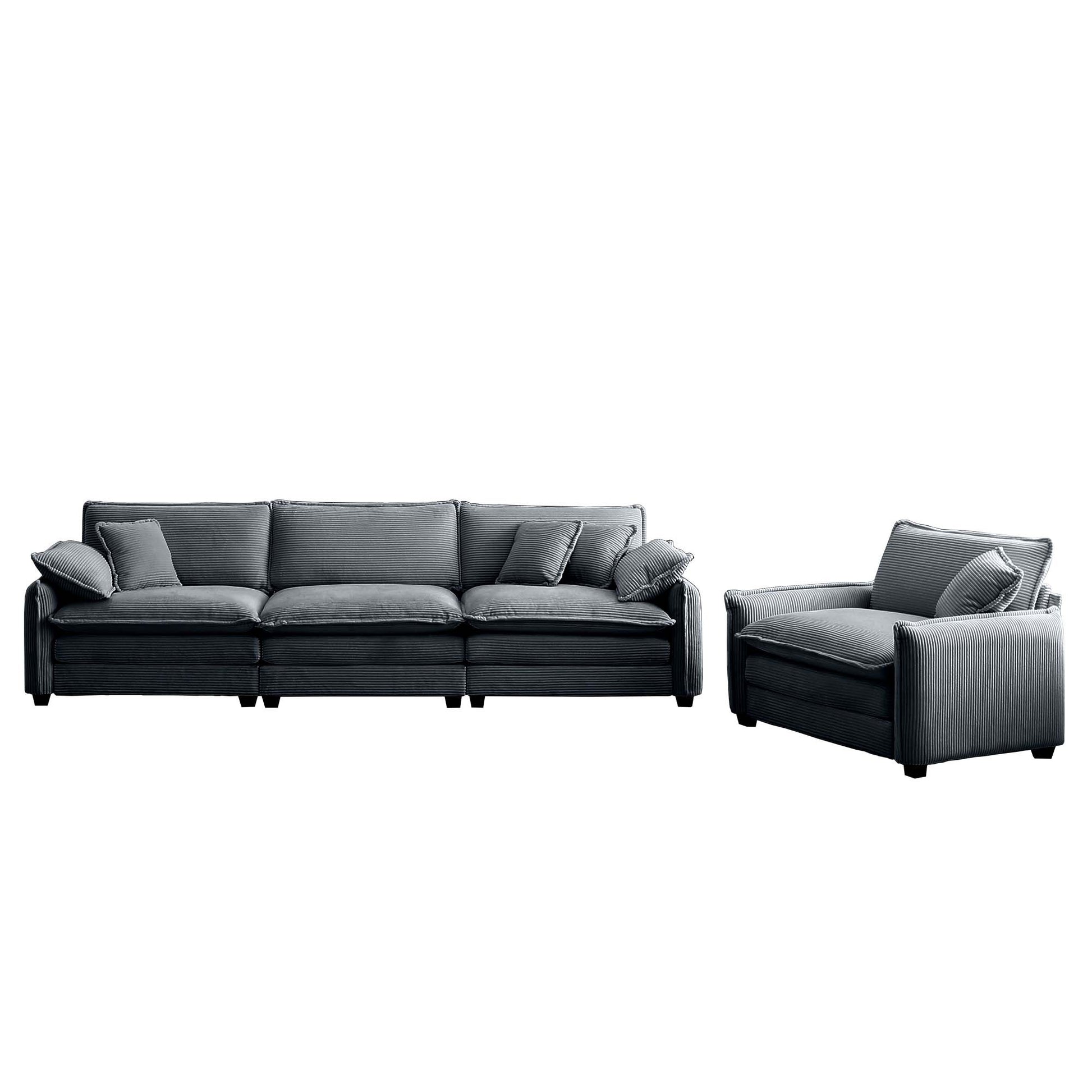 Mid Century Modern Sofa Set Of Two, One 3 Seater Sofa And One Single Seat Sofa With 2 Arm Pillows And 4 Throw Pillows,2 Pieces Sofa Set For Living Room,Grey Corduroy Fabric Grey Corduroy 4 Seat