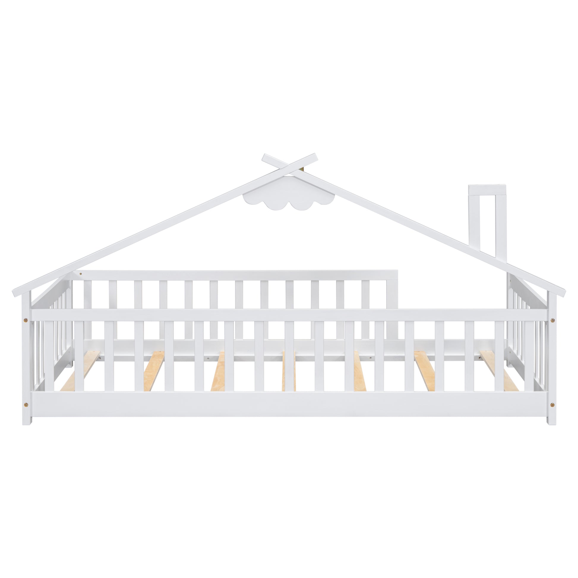 Twin House Shaped Bedside Floor Bed With Guardrails, Slats, Without Door,White Twin White American Design Pine