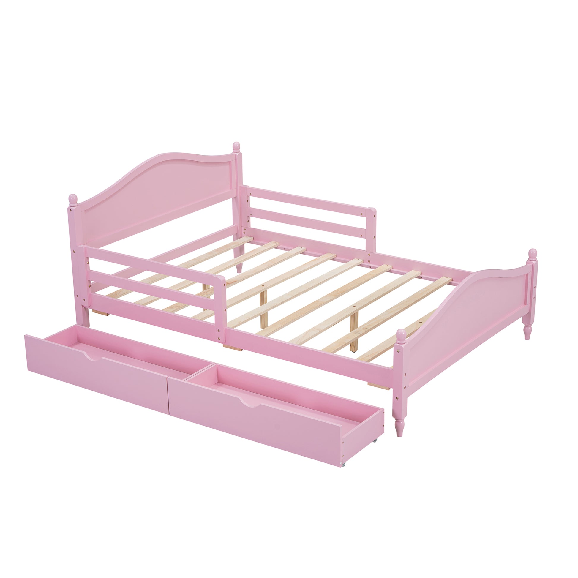Full Size Wood Platform Bed With Guardrails On Both Sides And Two Storage Drawers ,Pink Full Pink Wood