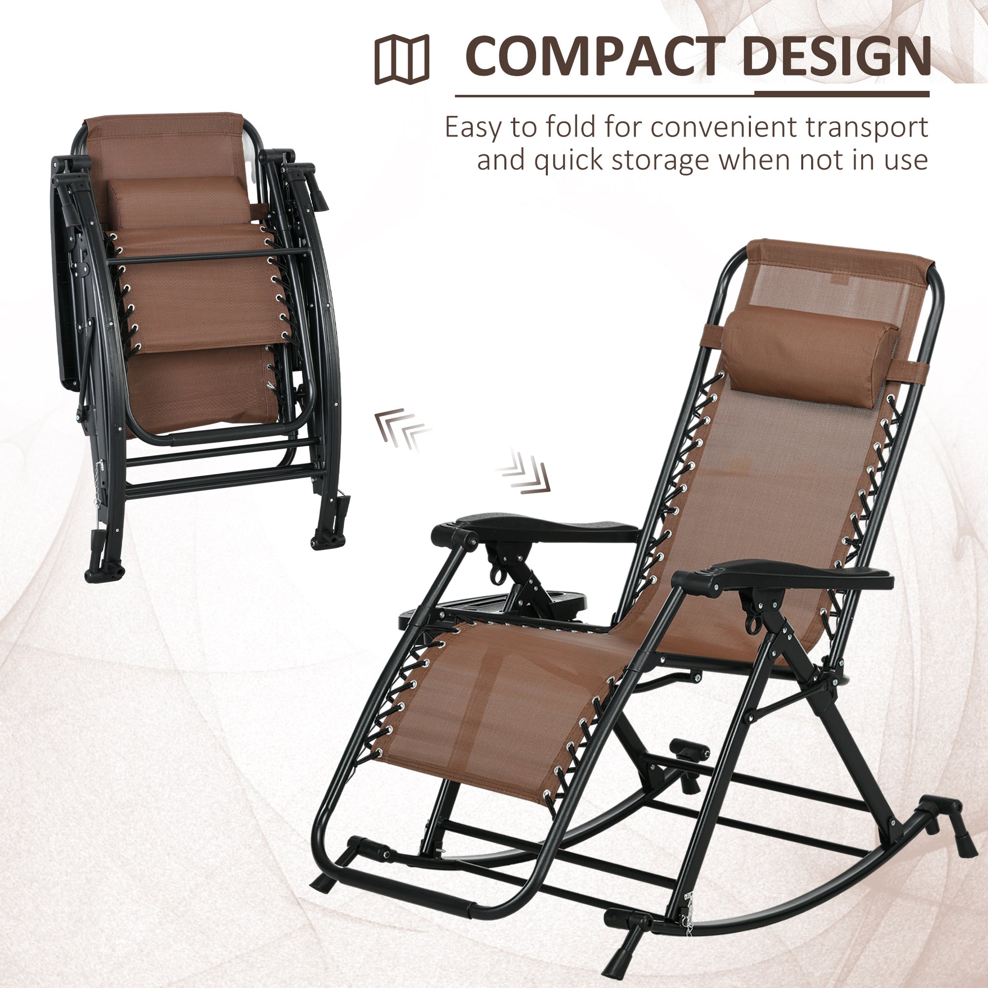 Outsunny Set Of 2 Outdoor Rocking Chairs, Foldable Reclining Zero Gravity Lounge Rocker With Pillow, Cup & Phone Holder, Combo Design With Folding Legs, Brown Brown Fabric Metal