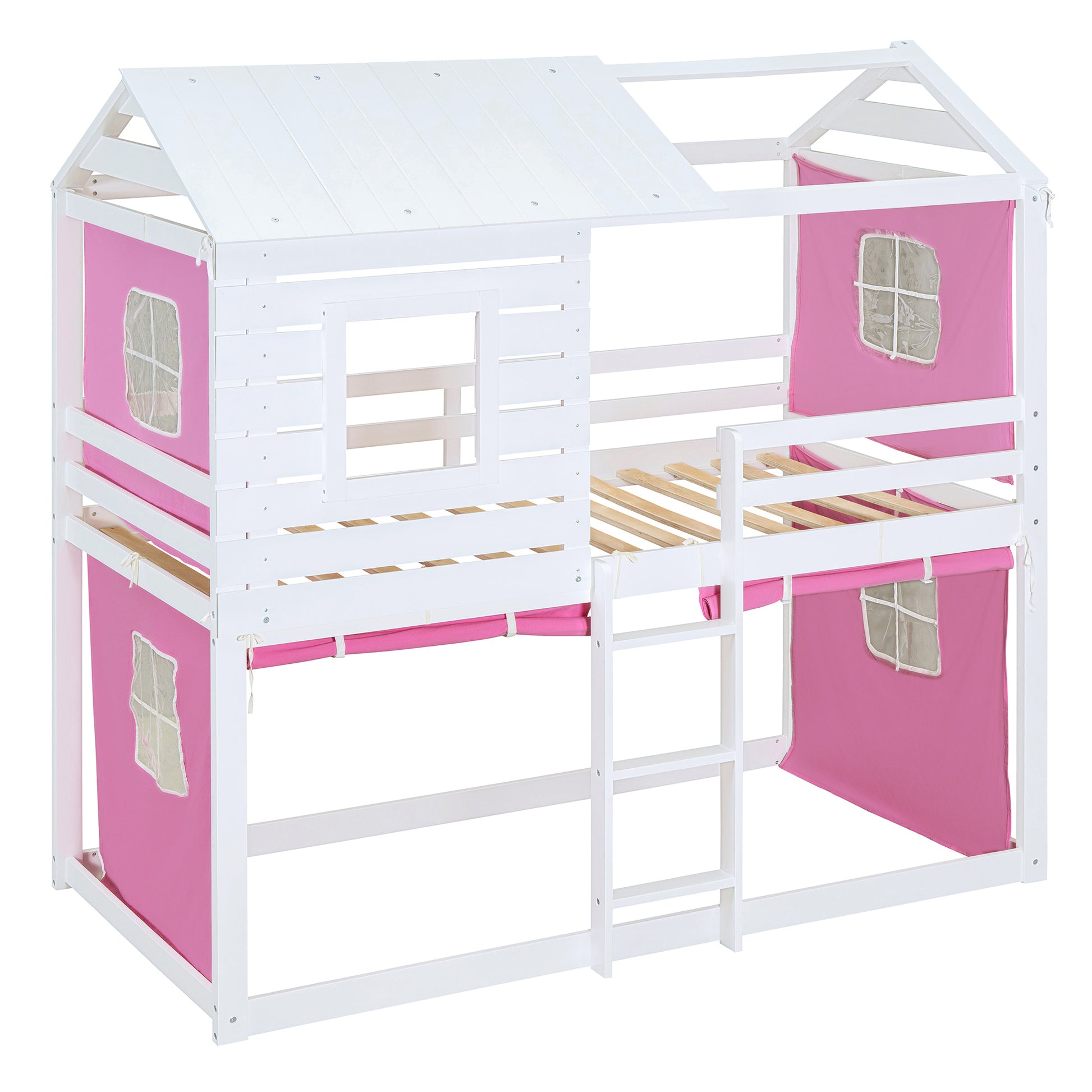 Twin Size Bunk Wood House Bed With Tent, Pink White Twin Pink White Solid Wood Mdf