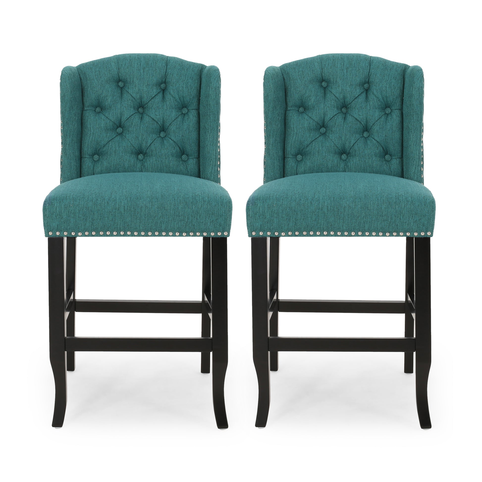 Vienna Contemporary Fabric Tufted Wingback 27 Inch Counter Stools, Set Of 2, Teal And Dark Brown Teal Fabric