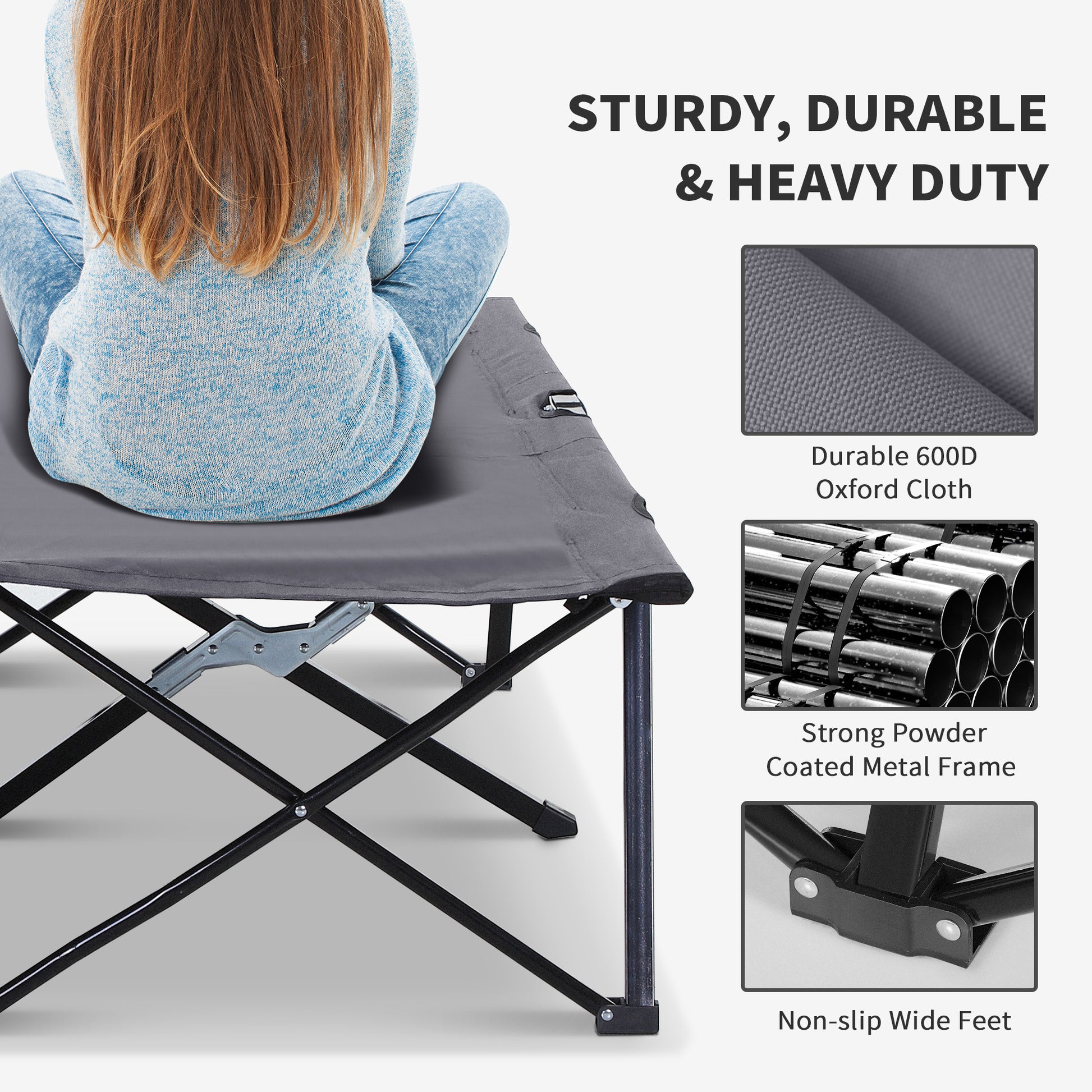 Outsunny 2 Person Folding Camping Cot For Adults, 50" Extra Wide Outdoor Portable Sleeping Cot With Carry Bag, Elevated Camping Bed, Beach Hiking, Grey Grey Steel
