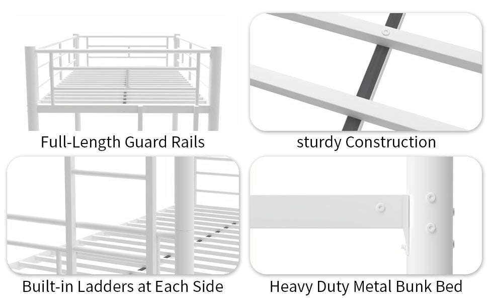 Heavy Duty Sturdy Meta Twin Over Twin With Trundle Bunk Bed L Noise Reduced Safety Guardrail No Box Spring Needed,White Box Spring Not Required Twin White Metal