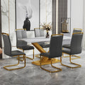 Table And Chair Set, The Table Is Equipped With A Marble Patterned Mdf Tabletop And Gold Table Legs.The Chair Is Equipped With Pu Synthetic Leather High Back Cushion And Gold Coated Metal Legs. Grey Gold Seats 6 Mdf Metal