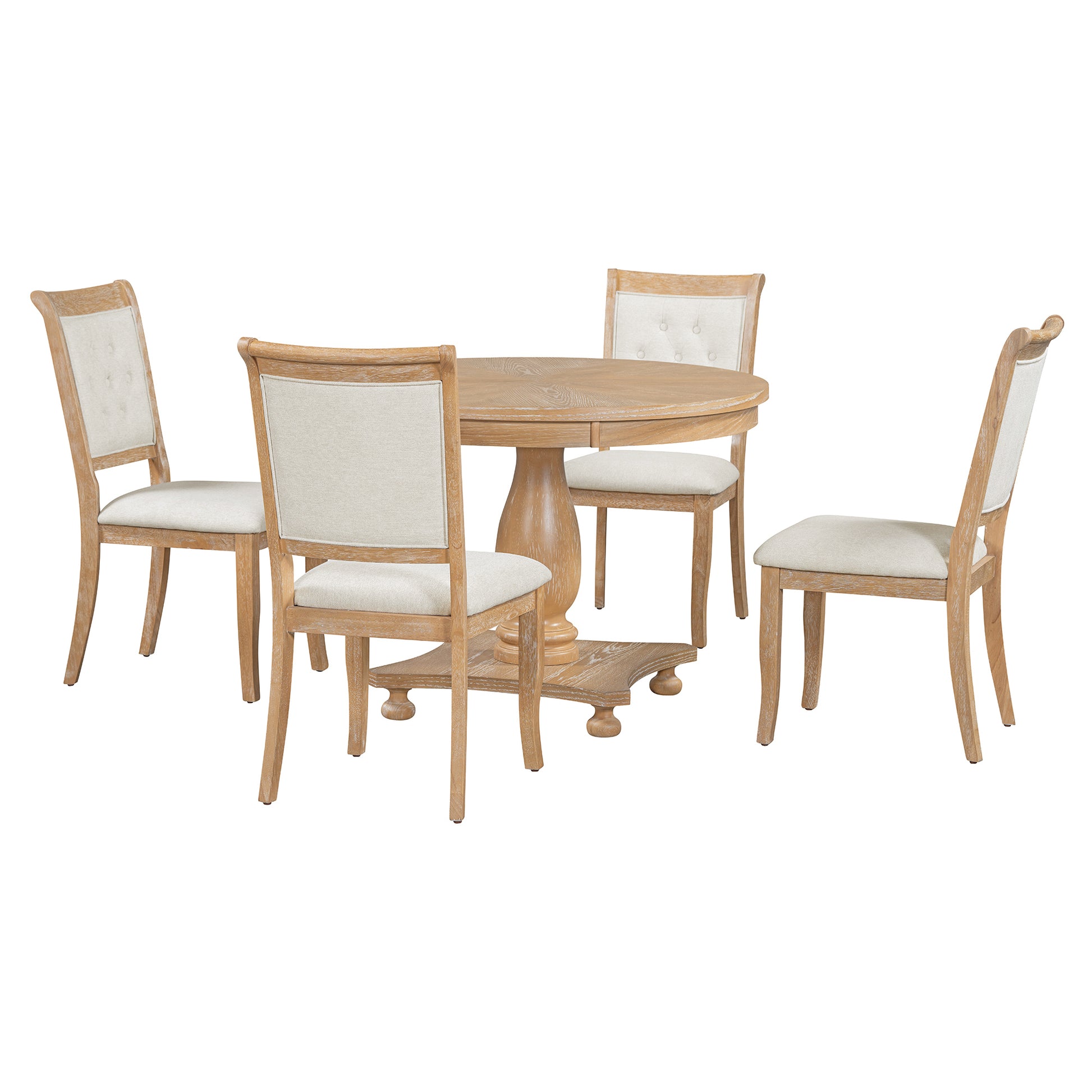 5 Piece Retro Dining Set, Round Table With Pedestal Table Base And 4 Upholstered Chairs For Dining Room And Kitchen Natural Wood Wash Natural Wood Wash Solid Wood Mdf