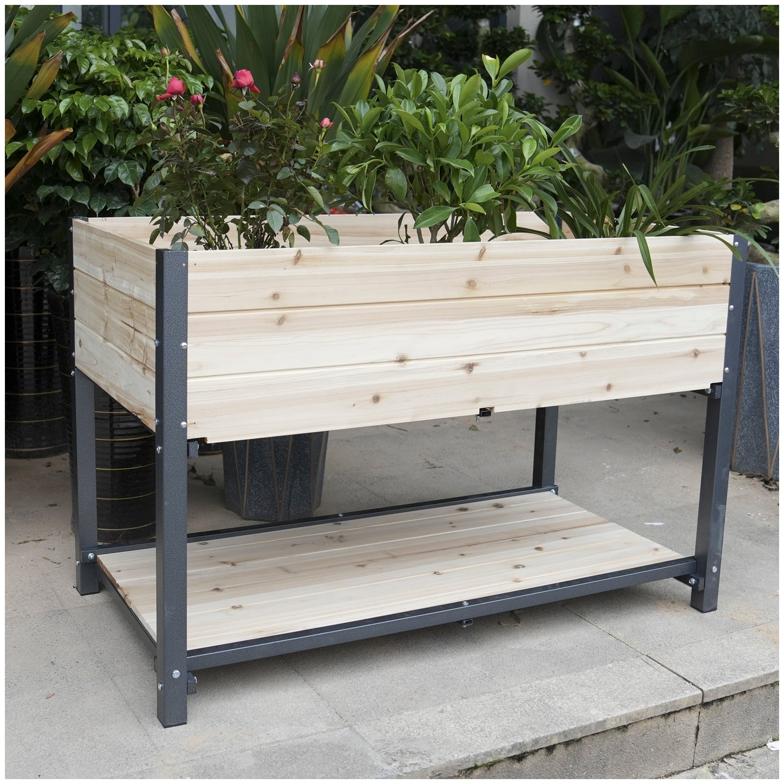 Style: 45" Iron Wood Combined Growing Beds With Feet And Storage Racks. Suitable For Various Places Such As Gardens, Backyards, Terraces, Balconies, Etc. Natural Solid Wood