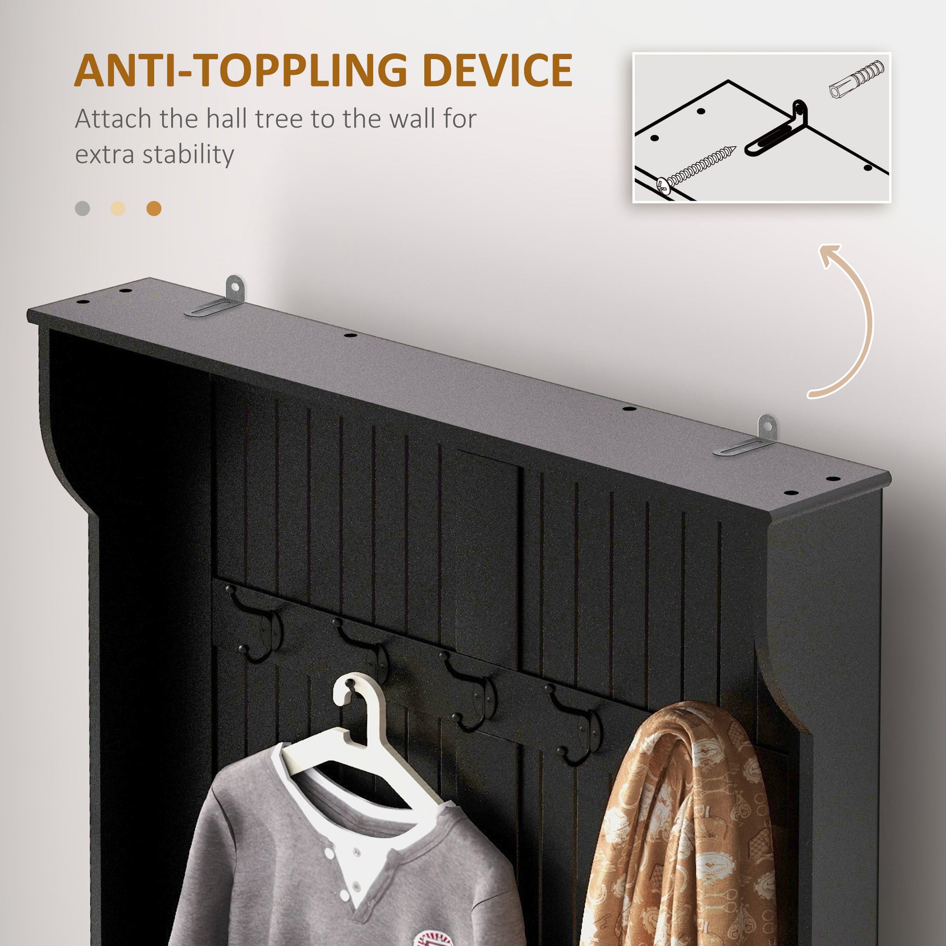 Homcom 3 In 1 Entryway Hall Tree With Storage Bench, Coat Rack With Four Hooks And Shoe Storage, Black Black Mdf