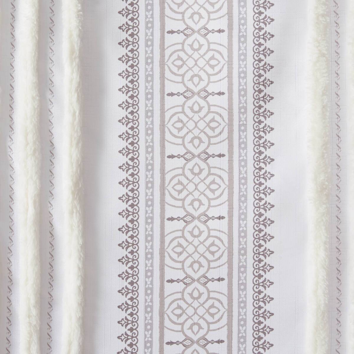 Poly Printed Curtain Panel With Tufted Stripe And Lining White Brown 50X95" Multicolor Polyester