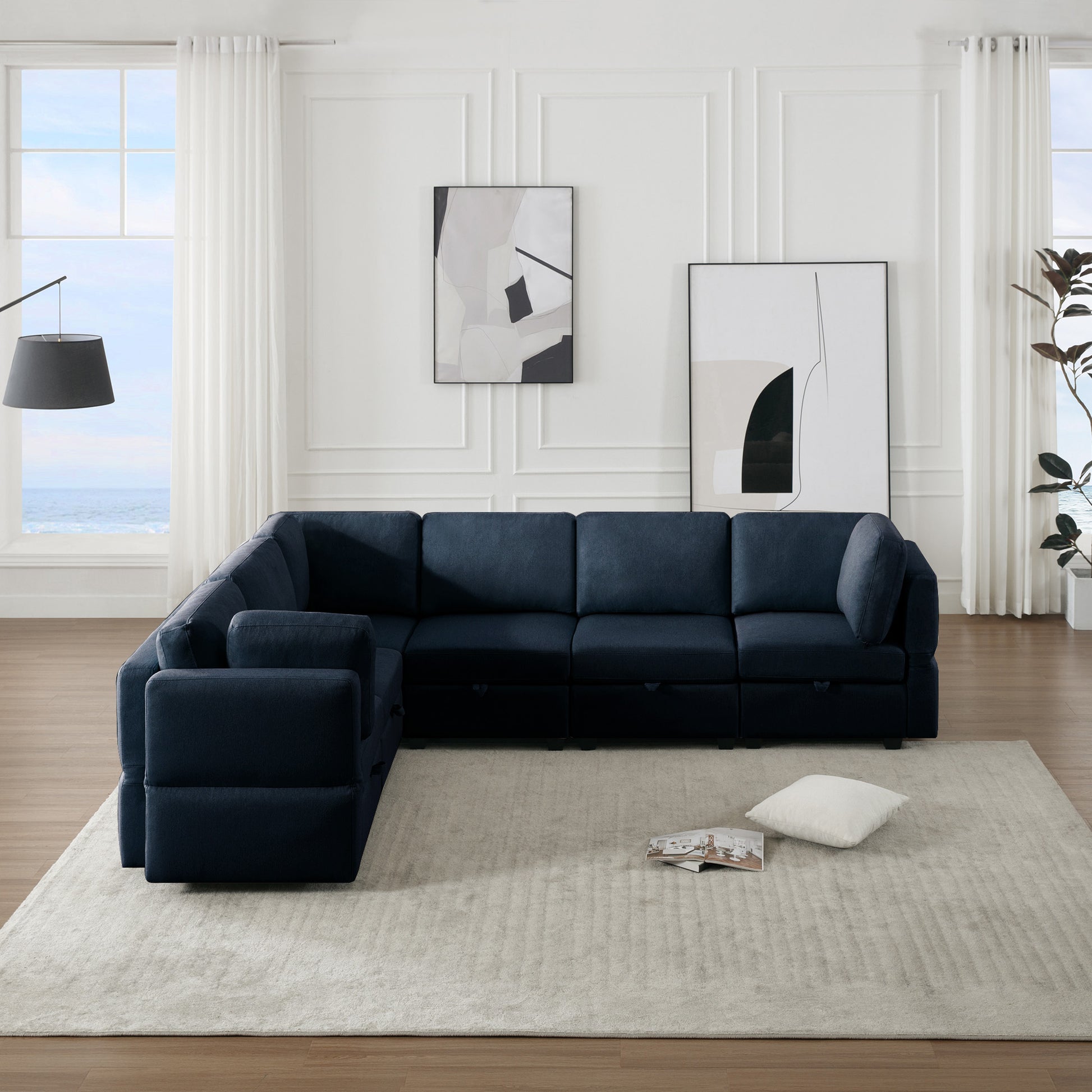 L Shaped Modular Sectional Corner Sofa Couch, 6 Seat Modular Sectional Sofa With Chaise For Living Room, Adjustable Arms And Backs Blue Blue Polyester 6 Seat