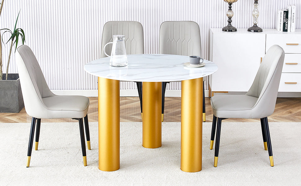 Table And Chair Set, Round Table With White Marble Pattern, Gold Mdf Table Legs, Soft And Comfortable Dining Chair, Suitable For Kitchen And Living Room White Seats 4 Mdf