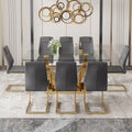Table And Chair Set.Modern Rectangular Dining Table With Transparent Tempered Glass Tabletop And Gold Plated Metal Legs.Paried With 8 Comfortable Chairs With Pu Seats And Golden Metal Legs. Grey Gold,Transparent Seats 8 Glass Metal