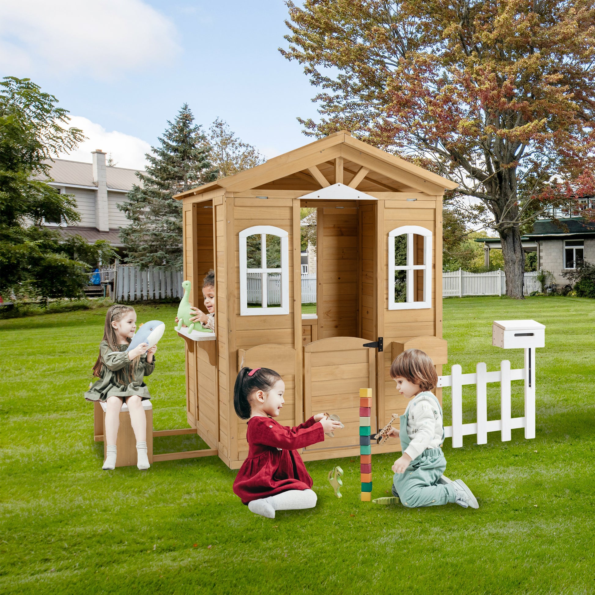 Wooden Playhouse For Kids Outdoor With Working Door, Windows, Mailbox, Bench, Flowers Pot Holder, 39" X 38" X 55.5" Natural Solid Wood