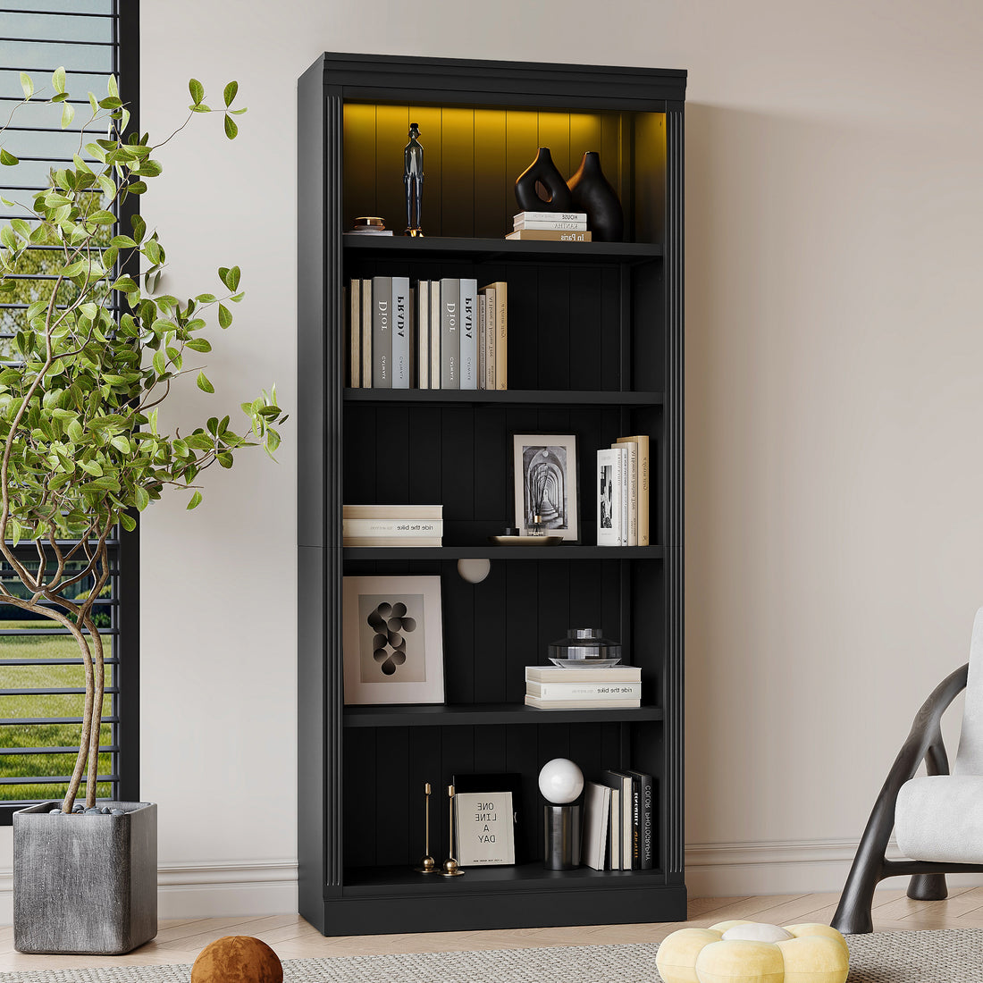 83.4" Tall Wood Bookcase With Light Strip,5 Tier Decor Bookshelves With Adjustable Shelves,Storage Organizer For Cds Books Movies,Free Standing Storage Shelves For Living Room,Home Office,Black