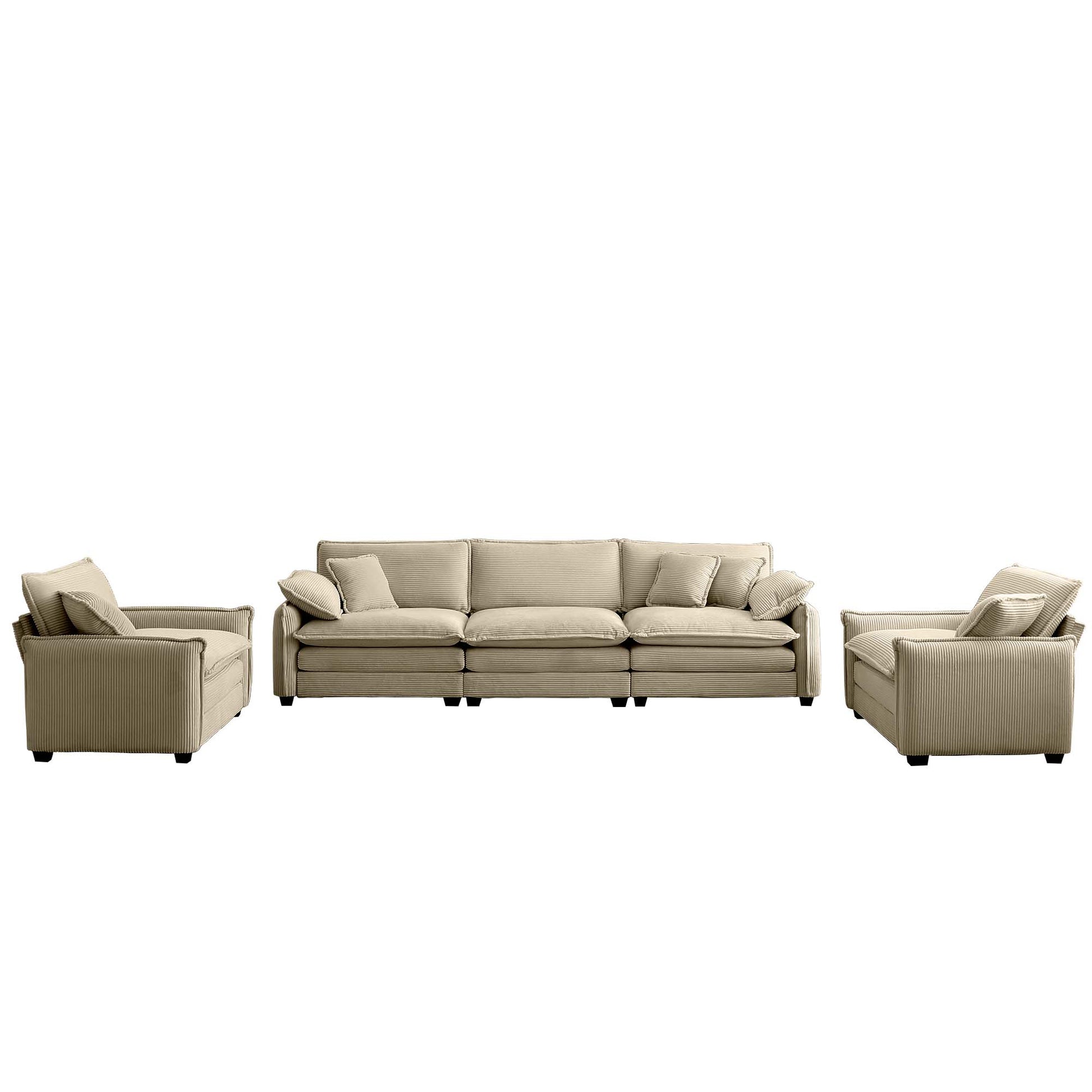 Warm And Cozy Sofa Set With Soft Cushions And Pillows, Home Theater Style Sofa Set Consisting Of A 3 Seater Sofa And Two Single Sofas In Tan Corduroy Fabric Tan Corduroy 5 Seat