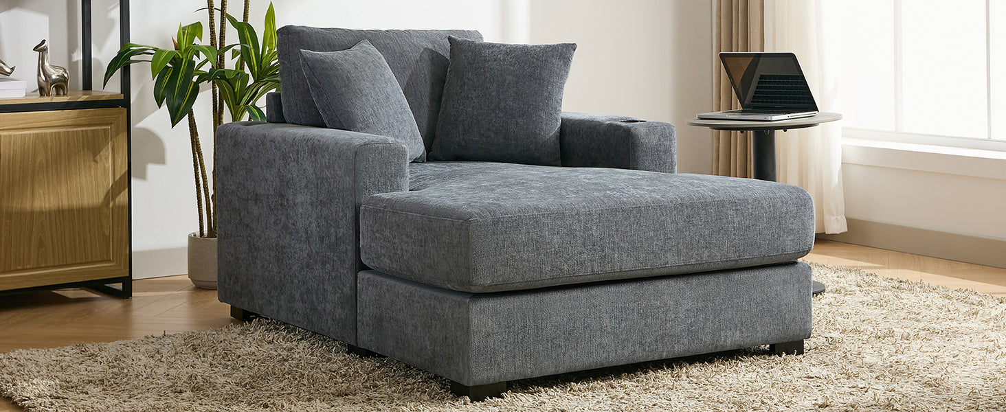 43.5" Oversized Chaise Lounger Modern Style Sofa Couch ,With Pillows, Charge Station & Cup Holders, Chenille Fabric, Blue Gray Blue Gray Chenille