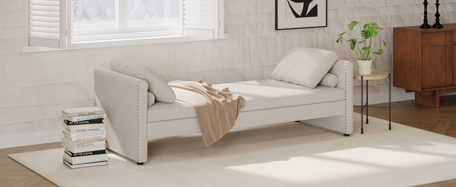 Modern Upholstered Chaise Lounger Daybed With Pillows Small Single Daybed, No Mattress Needed, Perfect For Living Rooms & Home Office,Linen Fabric, Beige Beige Linen