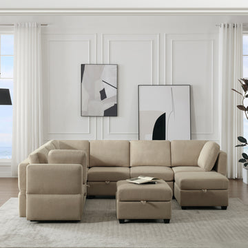 Modular Sectional Sofa With Storage Seat Oversized U Shaped Couch With Reversible Chaise Sofa Set With Ottoman,Ultimate Comfort 6 8 Seater Couches With Adjustable Arms And Backs For Living Room Beige Beige Polyester 6 Seat