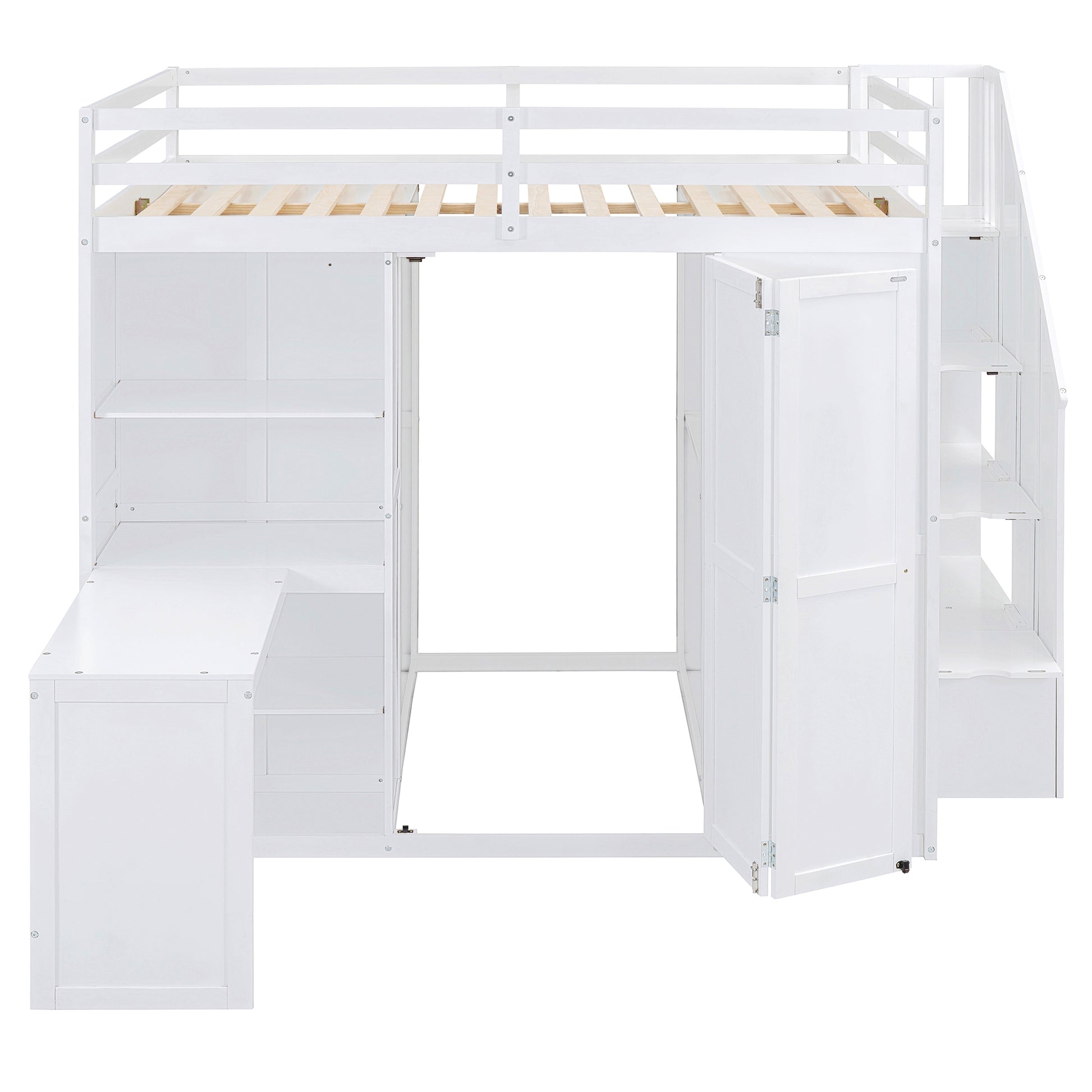 Full Size Loft Bed With Wardrobe,Desk And Shelves,White White Mdf Lvl