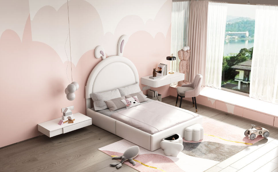 Full Size Upholstered Rabbit Shape Bed With 2 Storage Stools, Velvet Platform Bed With Cartoon Ears Shaped Headboard, White Full White Wood