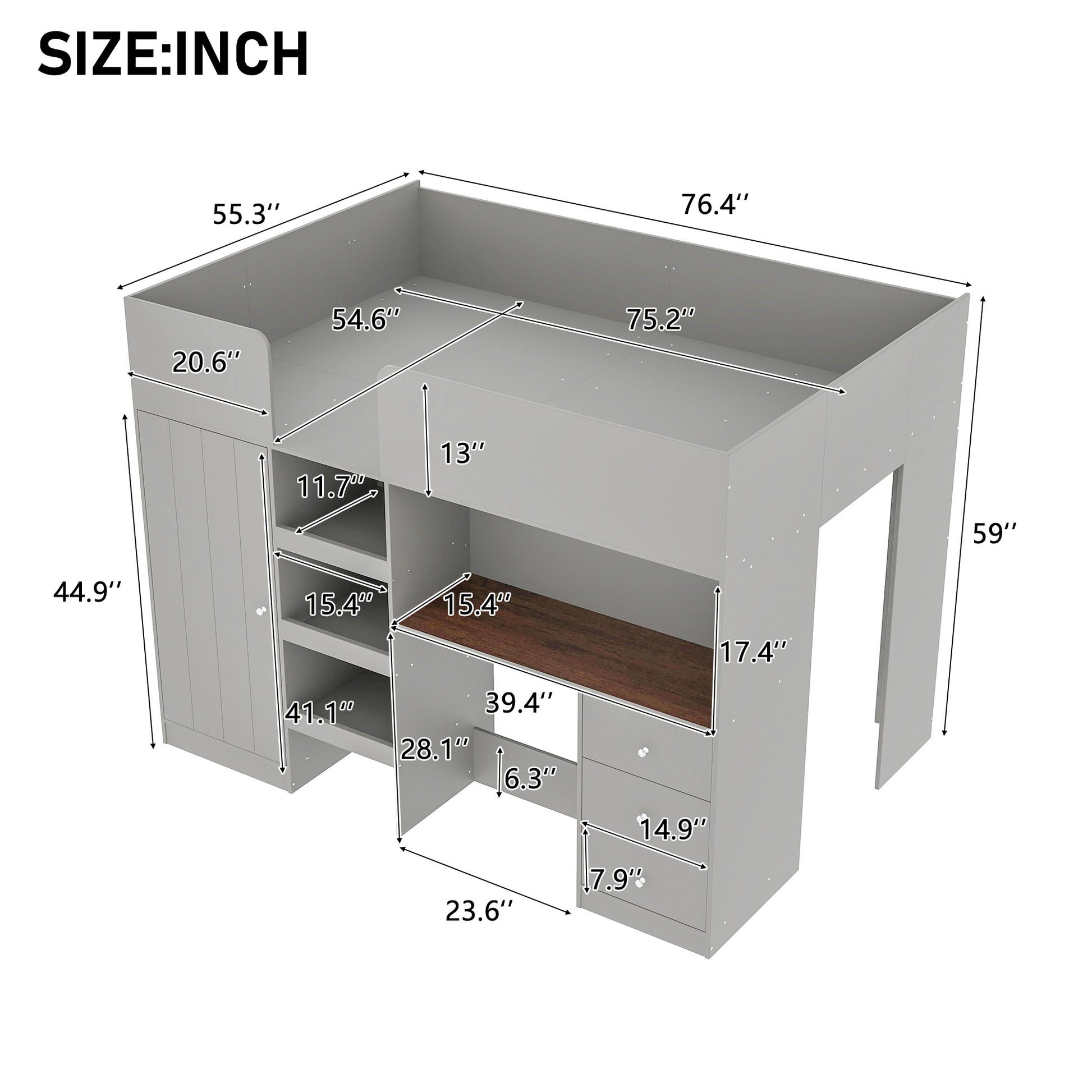 Wood Full Size Loft Bed With Built In Wardrobe, Desk, Storage Shelves And Drawers, Grey Expected Arrival Time: 9.8 Box Spring Not Required Full Grey Wood Bedroom Bed Frame Solid Wood Mdf