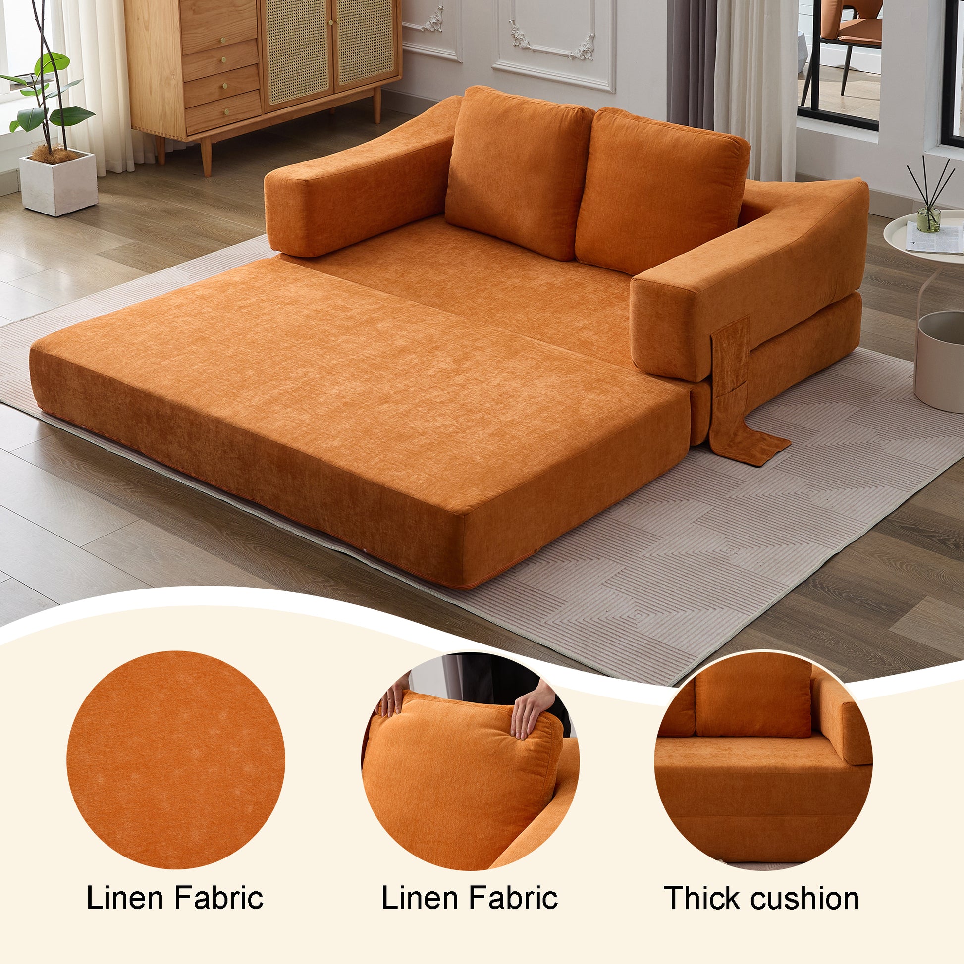 Modern Minimalist Sofa, Fold Out Sofa Bed, Convertible Chair Floor Couch & Sleeping Mattress For Living Room, Bedroom, Apartment, Removable Backrest, Orange Orange Chenille Soft Vintage Chenille 2 Seat