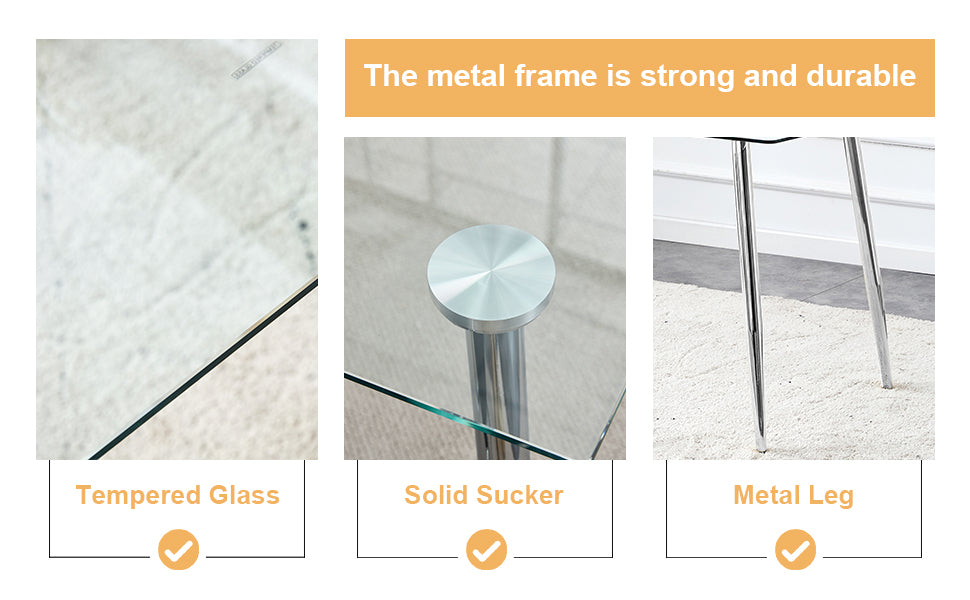 Table And Chair Set.Rectangular Dining Table With Tempered Glass Tabletop And Silver Plating Metal Legs.Paired With 6 Checkered Armless High Back Light Gray Chairs With Electroplated Metal Legs. Transparent Seats 6 Glass Metal