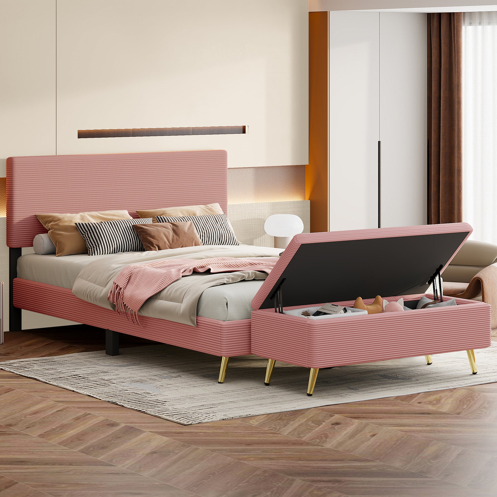 2 Pieces Bedroom Sets Queen Size Upholstered Bed Frame, Modern Corduroy Storage Ottoman,Pink Queen Pink 2 Piece Set Solid Wood Mdf
