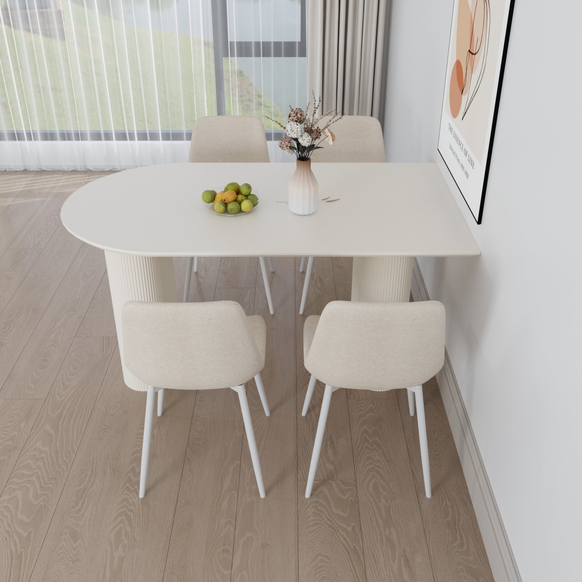 63 "Mdf Cream Style Coffee Table And Modern Dining Chair 4 Piece Set, Modern Fashion Kitchen Table Set, Round Wave Table Legs, Dining Table And Linen Chair Beige White Mdf