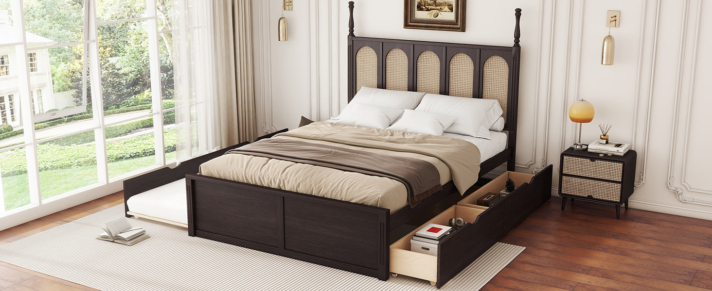 Queen Size Rattan Platform Bed With With 2 Big Drawers, T Size Trundle, Espresso Queen Espresso Plywood