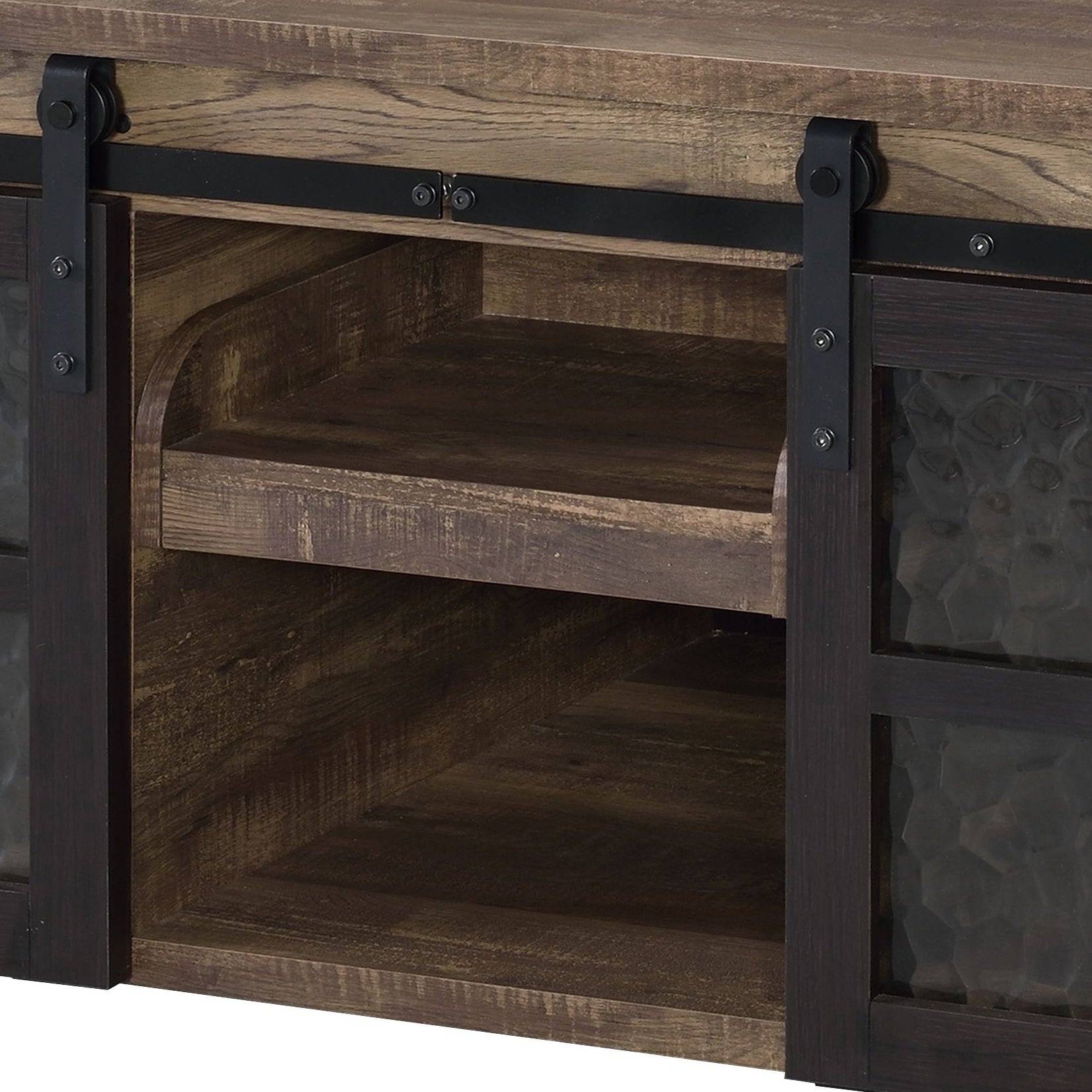 Rustic Oak And Black Coffee Table With Sliding Doors Rustic Primary Living Space Oak Rectangular Wood Metal