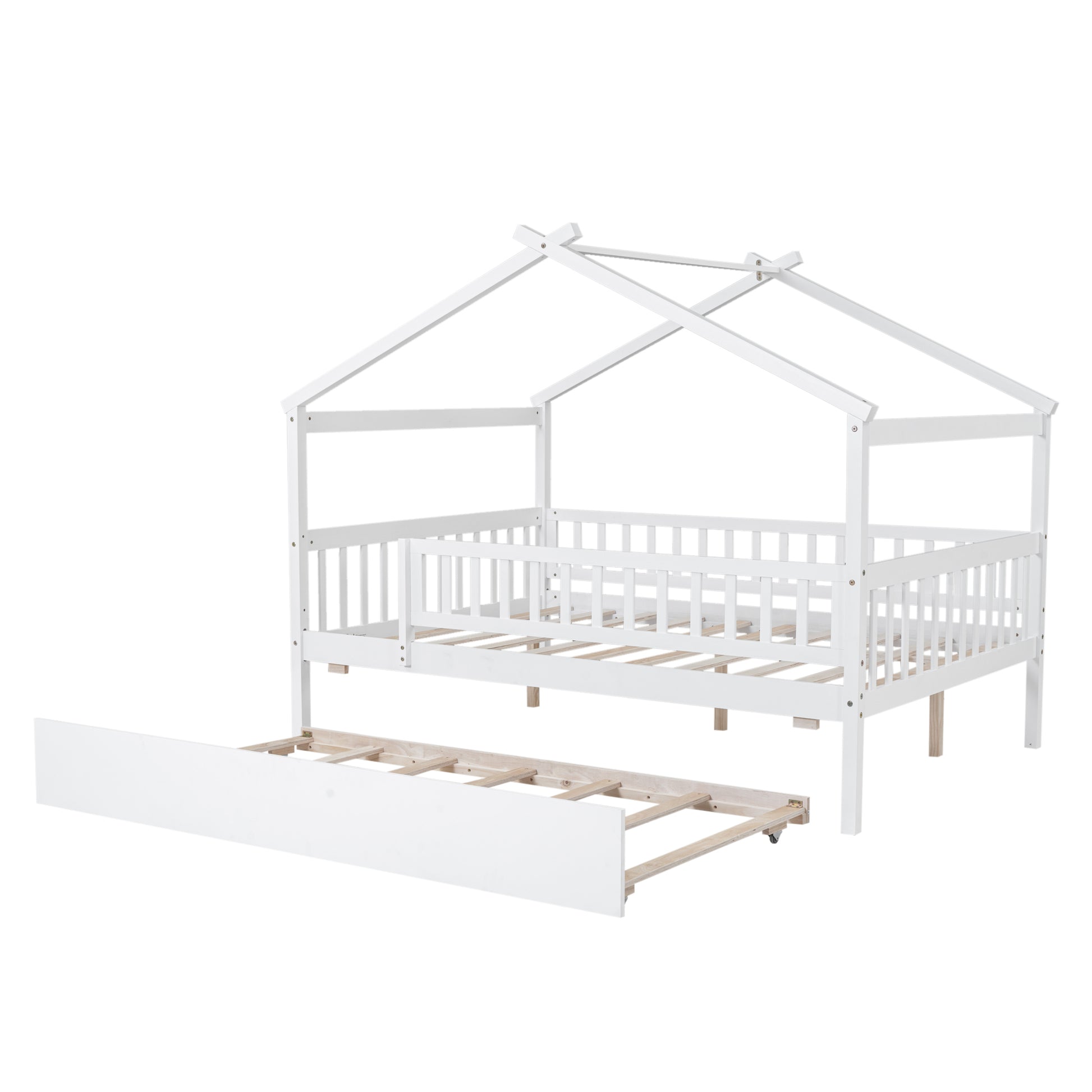 Full Size Wooden House Bed With Twin Size Trundle, White Full White Solid Wood Mdf