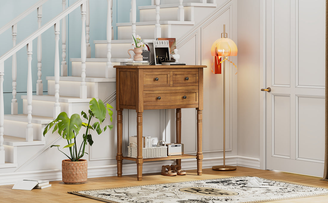 Narrow Console Table, Slim Sofa Table With Three Storage Drawers And Bottom Shelf Natural Natural Solid Wood Mdf