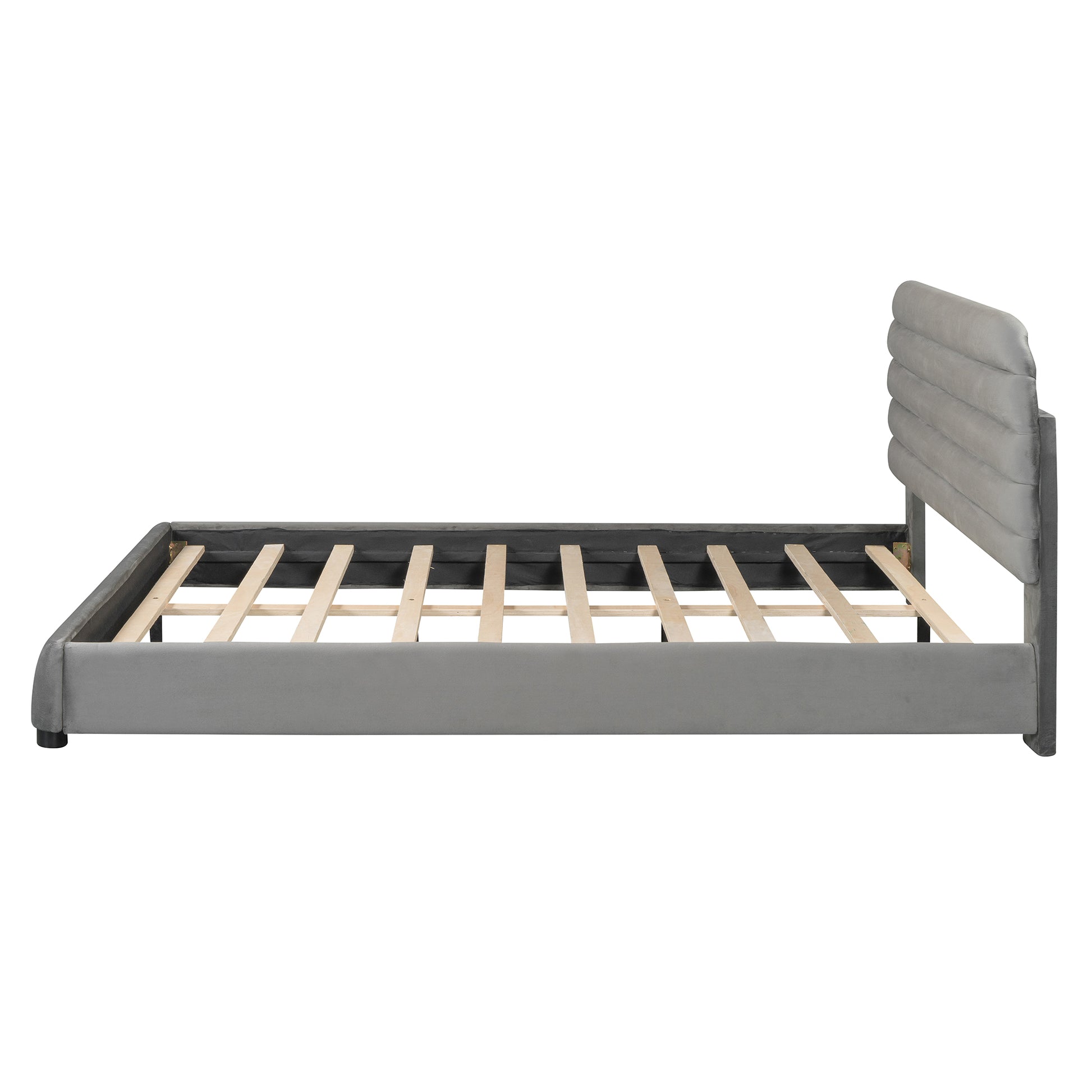 Queen Size Velvet Upholstered Platform Bed,Solid Frame And Stylish Curve Shaped Design, Gray Queen Gray Velvet