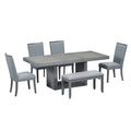 Contemporary 6 Piece 78Inch Extendable Pedestal Dining Table Set With 18Inch Removable Leaf And Dining Bench, 4 Upholstered Dining Chairs, Gray Gray Wood Dining Room Solid Wood Rubberwood Rectangular Dining Table With Chair And Bench Upholstered Chair