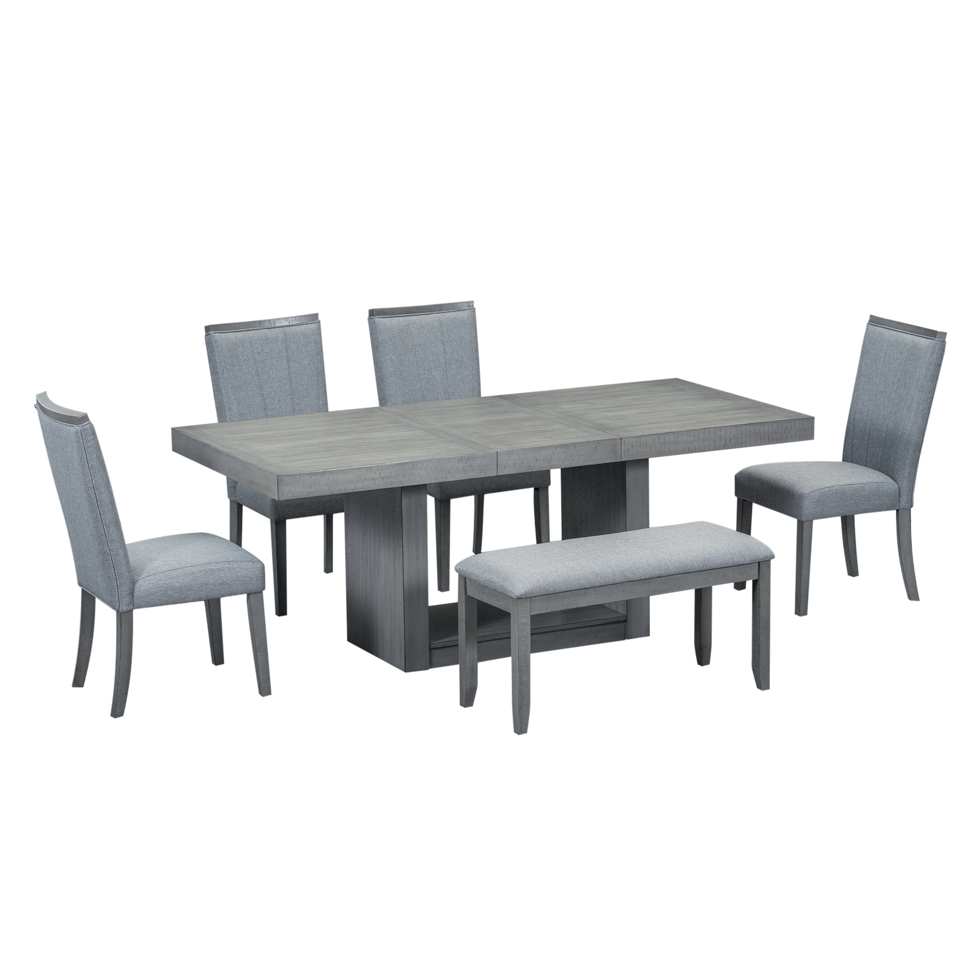 Contemporary 6 Piece 78Inch Extendable Pedestal Dining Table Set With 18Inch Removable Leaf And Dining Bench, 4 Upholstered Dining Chairs, Gray Gray Wood Dining Room Solid Wood Rubberwood Rectangular Dining Table With Chair And Bench Upholstered Chair