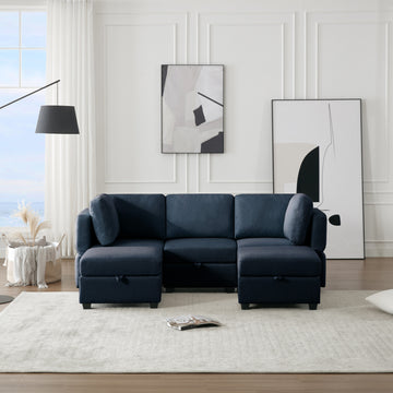 Reversible Sectional Sofa Modern Modular Sectional Couch With Chaise U Shaped Corner Sectional 5 Seater Modular Sofa With Storage Seats, Adjustable Arms And Backs Blue Blue Polyester 3 Seat