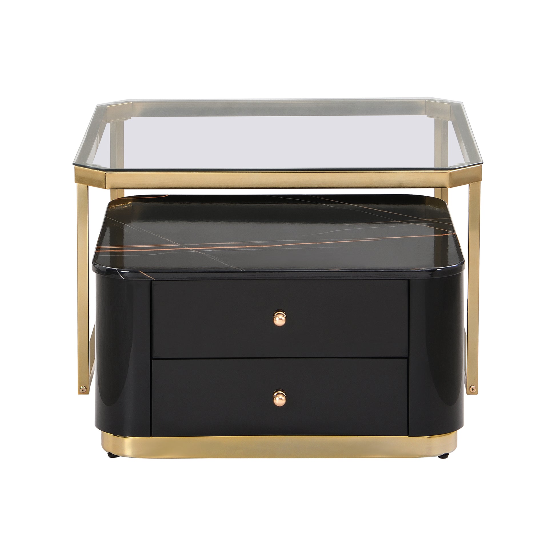 Modern 2 Pieces Black Square Nesting Coffee Table With Drawers & Electroplated Gold Legs In 27.6'' Golden Black Drawers Coffee & End Tables Glossy Square Mdf Glass Mdf Pedestal