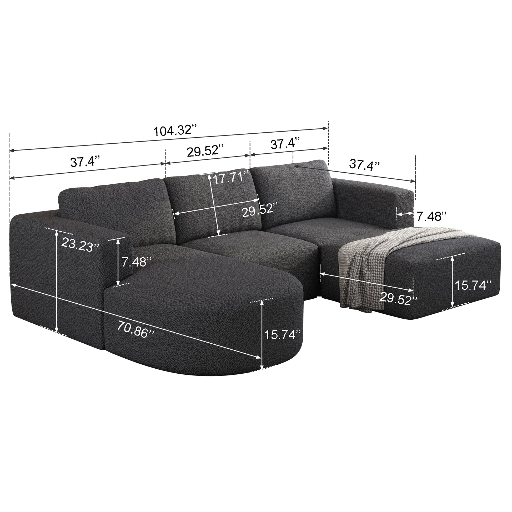 104.32*70.86 Modular Sectional Sofa Sleeper Couch, Sectional Sofa With Chaise And Ottoman, Convertible U Shaped Modular Sofa Set. Compressed Sponge, Dark Grey Combo A B C D Dark Grey Primary Living Space Soft Minimalist,Modern Foam Spring 5 Seat