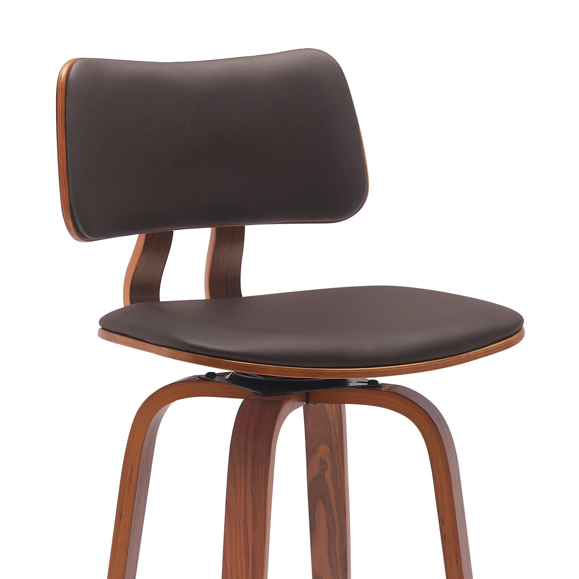 Pino 26 Inch Swivel Counter Stool Chair, Faux Leather, Walnut Brown Wood Brown Leather