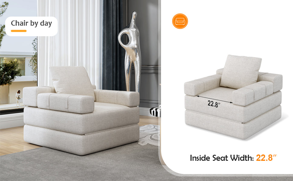 Single Sofa Chair That Converts To A Single Sofa Bed For Living Room, Guest Room, Playroom, White Creamy White Primary Living Space Modern Foam Linen