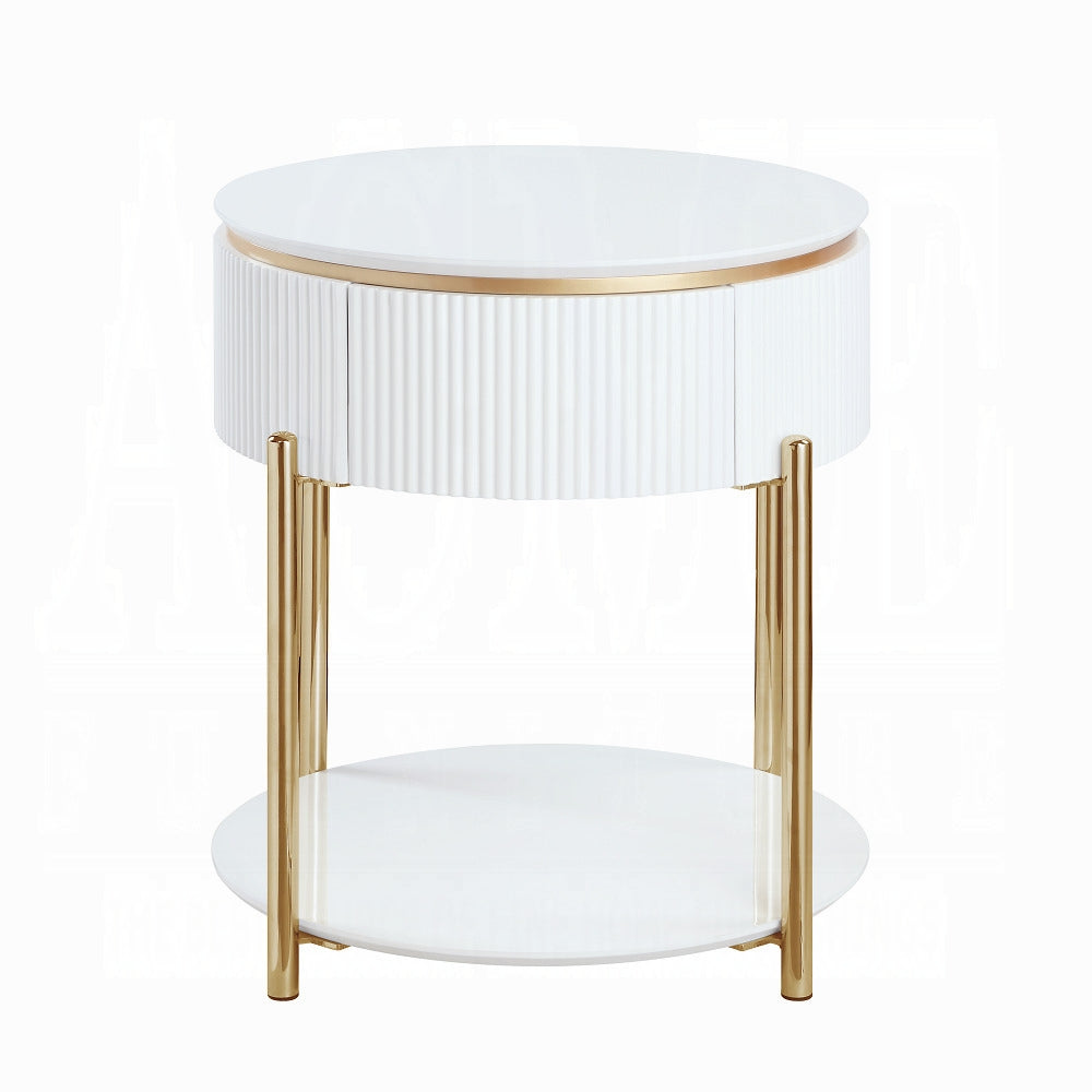 White High Gloss And Gold End Table With Metal Leg White Gold Primary Living Space Drawers Rectangular Wood Metal