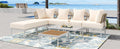 8 Piece Patio Sectional Sofa Set With Tempered Glass Coffee Table And Wooden Coffee Table For Outdoor Oasis, Garden, Patio And Poolside Beige Cushion White Steel Beige Iron