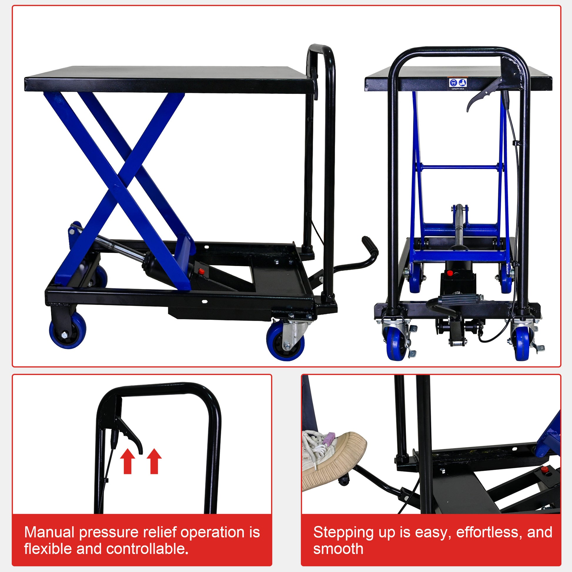 Hydraulic Lift Trolley, 500 Lbs Capacity, With 4 Wheels, For Material Handling And Transportation, Black Blue Black Blue Steel